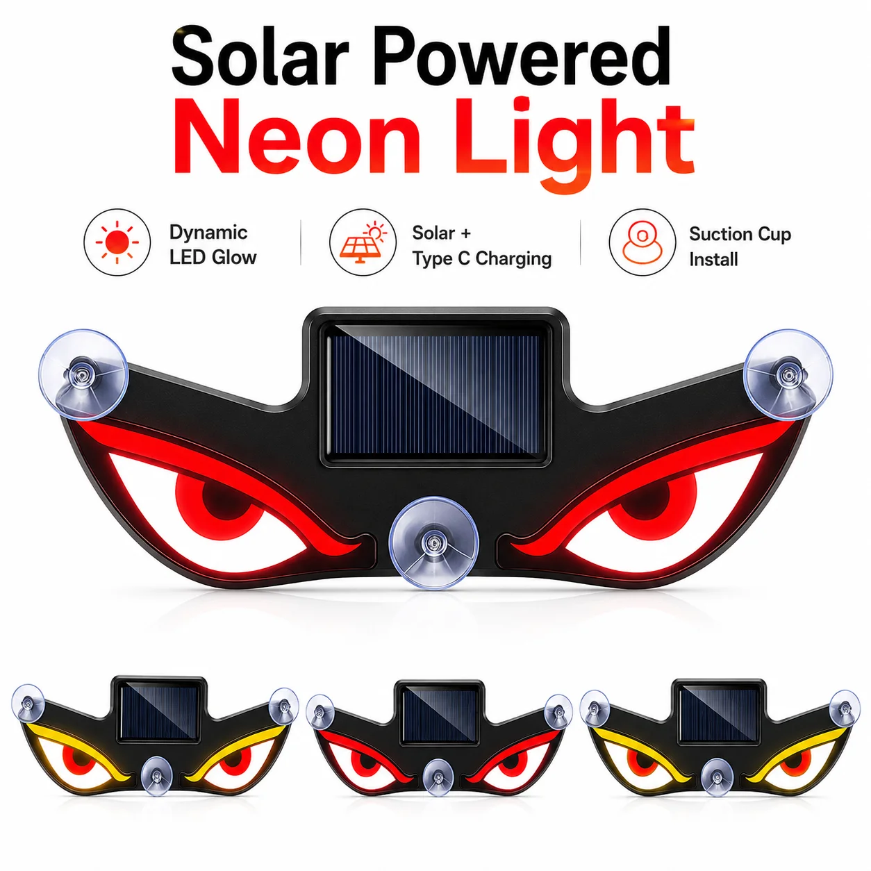 Car Solar Neon Warning Light Demon Eye LED Breathing Atmosphere Lamp with Suction Cup Light Sensor Type C