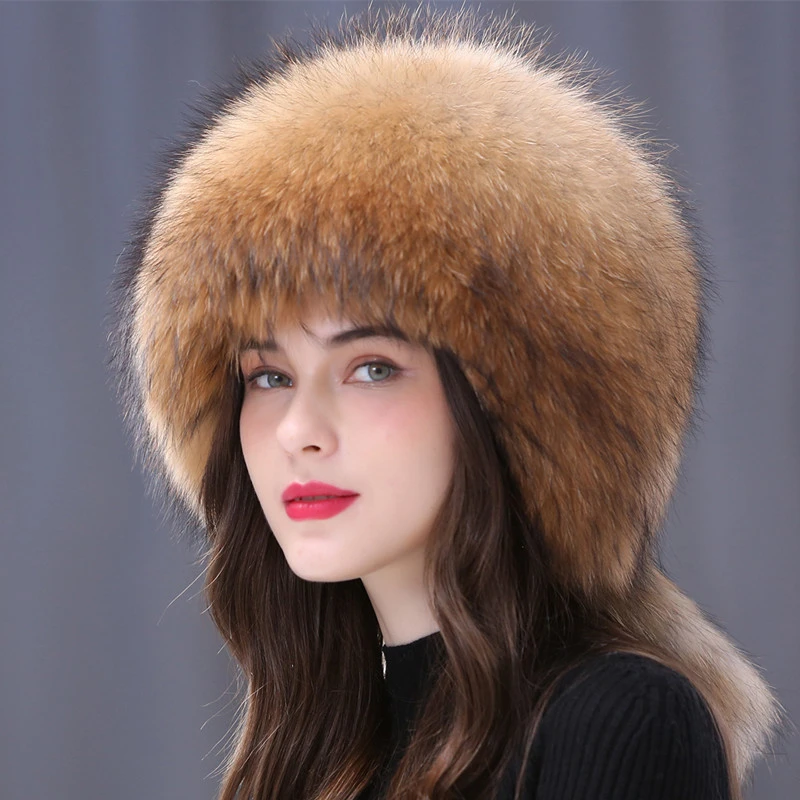 Winter Fur Hat Women Natural Raccoon Fox Fur Russian Hats Winter Outdoor Thick Warm Bomber Ears Caps