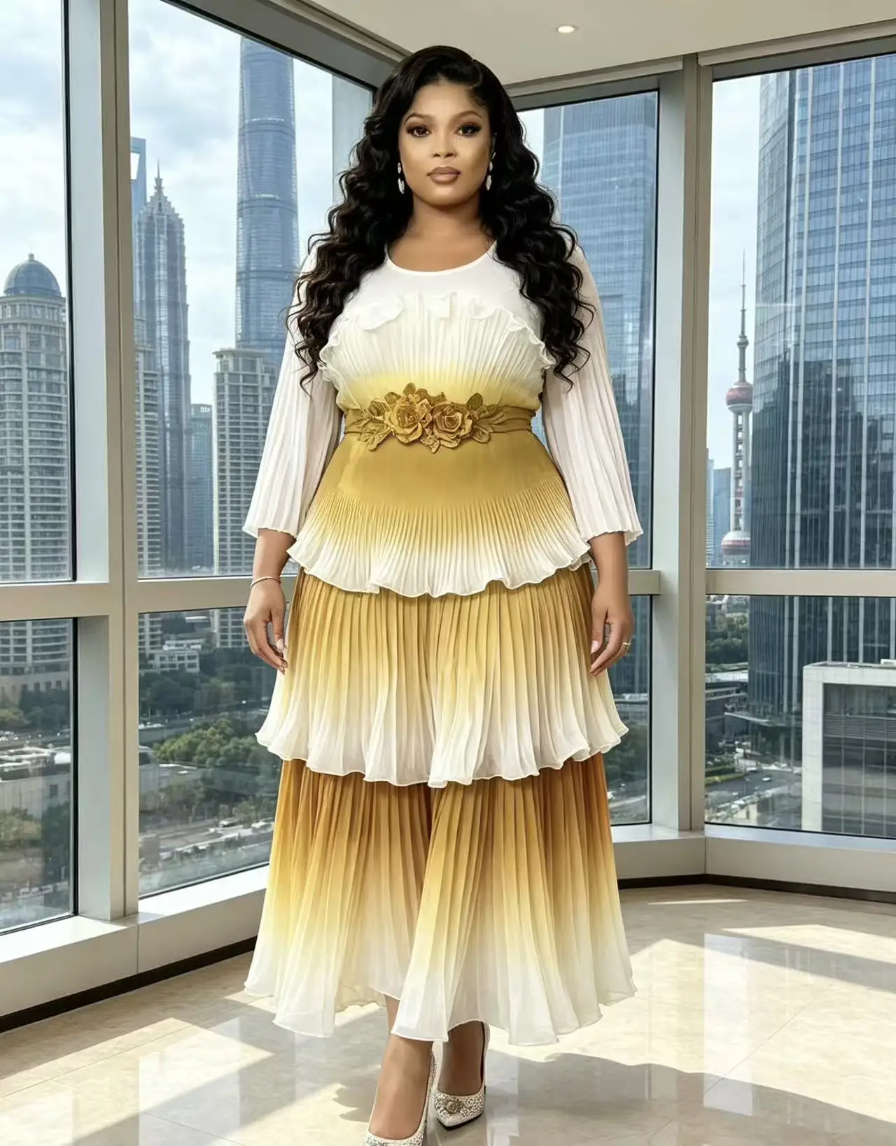Miyake 2026 New High-end Banquet Pleated Dress Fungus Edge Decorative Printing Gradual Change Light Luxury Dress - view 4