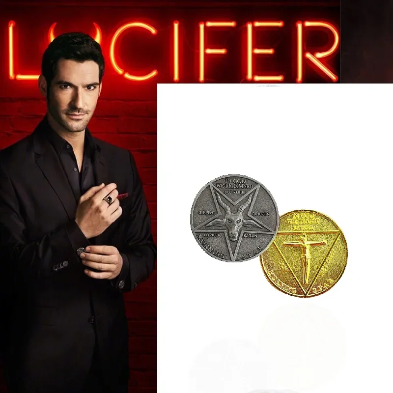 Lucifer Morning Star Satanic Pentecostal koin Cosplay perlengkapan kostum TV Show lencana peringatan Halloween aksesoris logam