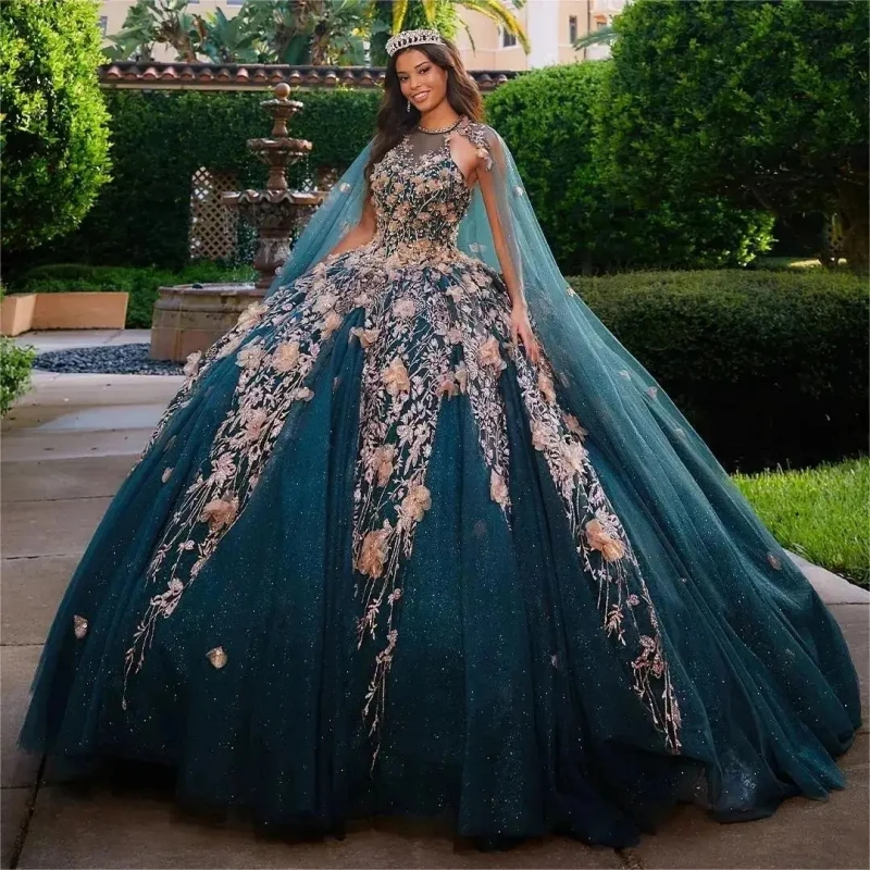 

Women’s Sparkle Beaded Quinceanera Dresses O-neck Appliques Sequined Ball Gowns with Cape Vestido De 15 Años Sweet 16