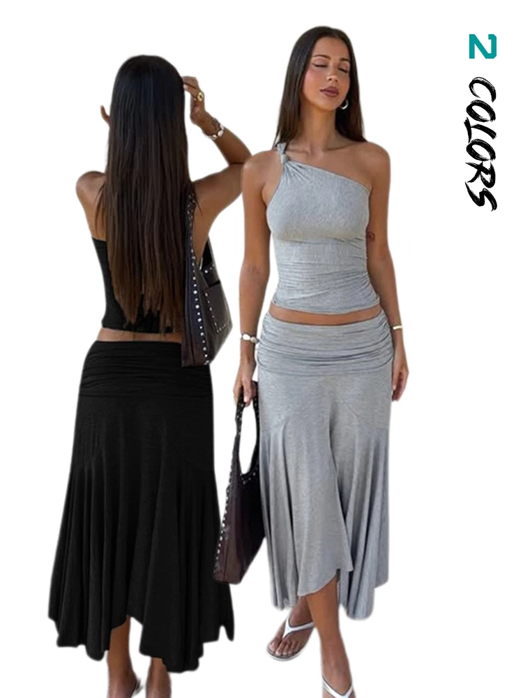 Summer Solid Long Skirt Women 2pcs Sexy Holiday Party Beach One of Shoulder Skirt High Waist Y2K Bodycon Maxi Skirt Casual Skirt
