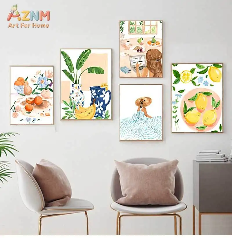 AZNM Watercolor Lemon Tropical Plant Lady Figure Canvas Poster, Frameless Fresh Summer Wall Art For Living Room Bedroom Dining A