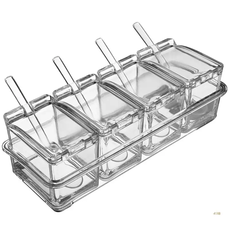 41XB Easy to Clean Condiment Box Transparent 4 Grids Condiments with Spoon Seasoning Container for Restaurant