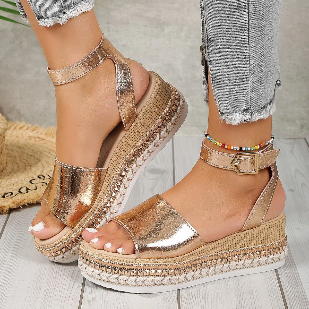 

Female Buckle Slope Heel Sandals Summer New Large Size Fish Mouth Shoes Fashion Round Head Comfortable Thick Bottom Footwear