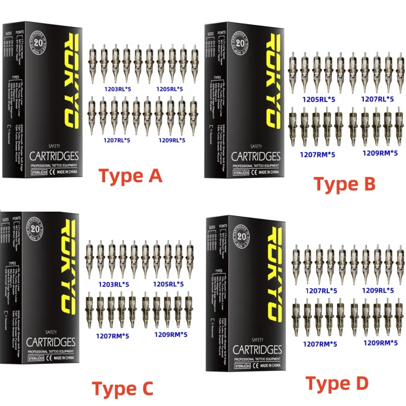 

20 шт. смешанного размера RL/RS/RM стерилизованные иглы для тату-картриджей Rokyo, перманентные иглы для тату-машины 0,35 мм