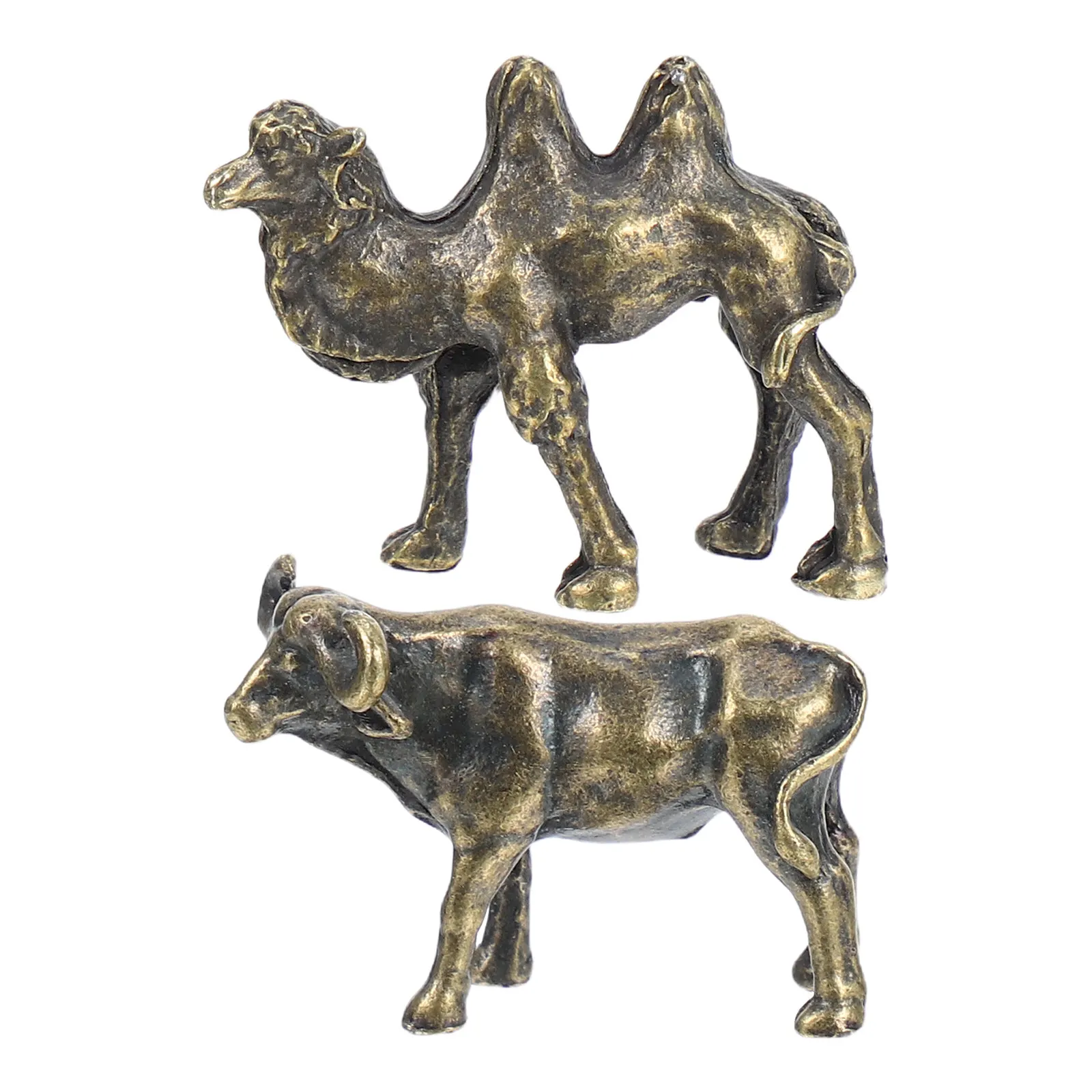 Mini Copper Alloy Ox & Camel Sculptures – Lifelike Vintage Micro Animal Decor for Desktop, Bookshelf, Tabletop