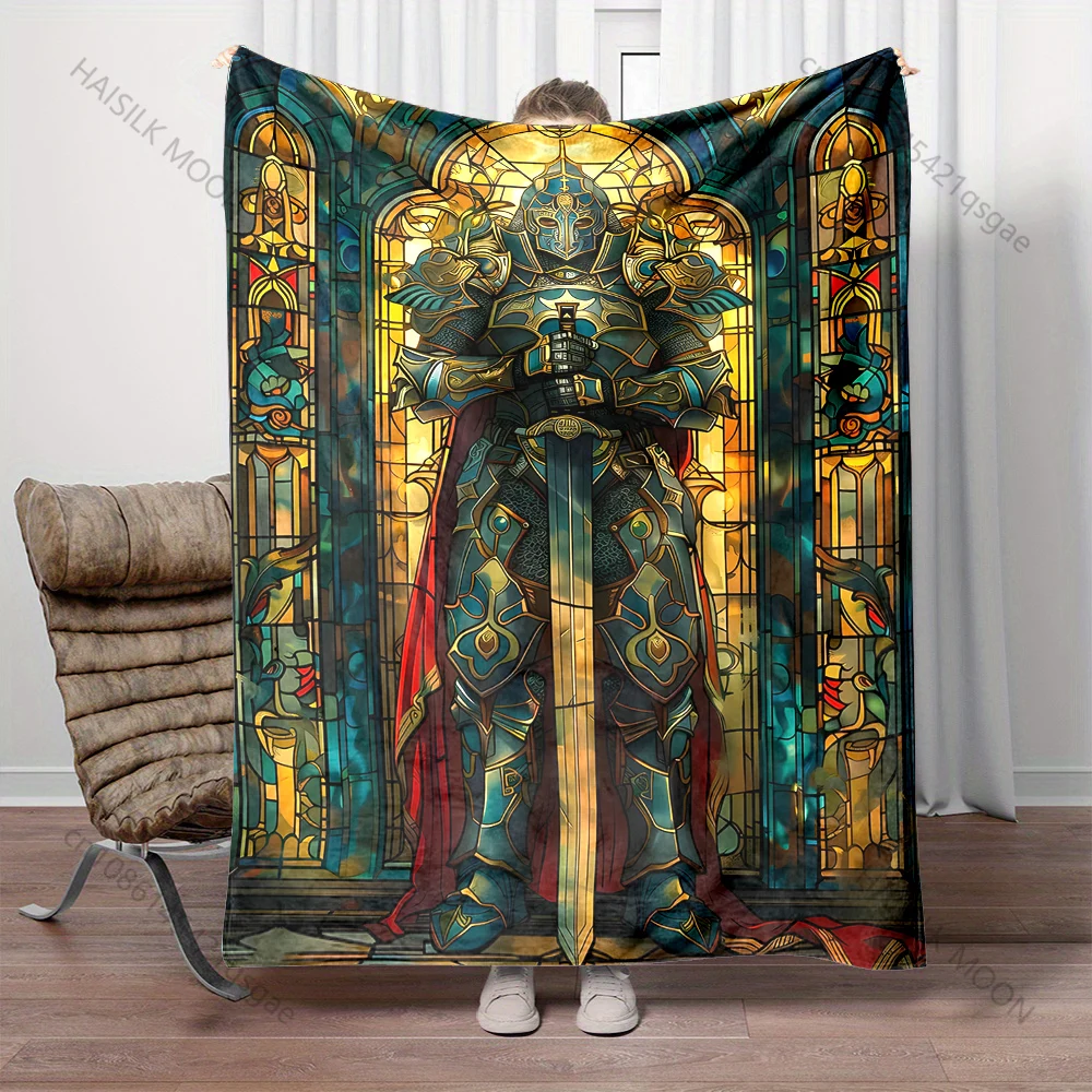 Multiple sizes Knight guarding sword stained glass print blanket adult children warm for home travel soft comfortable blanket