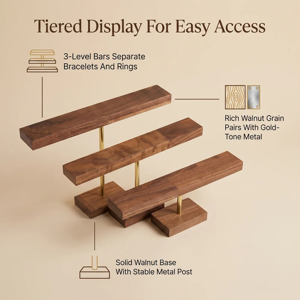 Walnut Wood Bracelet Display Stand T-Bar Jewelry Holder with Gold Metal Rod Tiered Bangle Watch Organizer for Shop and Home