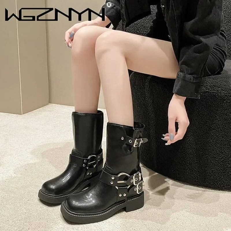 Womens Rivet Designer Motorcycle Boots Women's INS Hot Sale Shoes Platform Combat Botas Women Boots Trend 2024 Goth Cowboy Boots