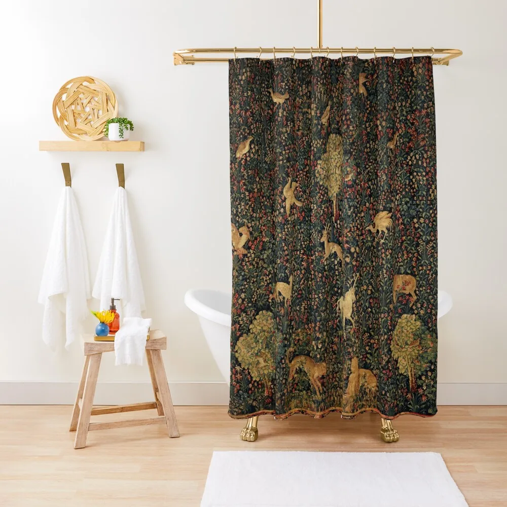 UNICORN AND MEDIEVAL BESTIARY Millefleurs Red Green Floral Tapestry ,Forest Animals, Shower Curtain For Bathroom Curtain