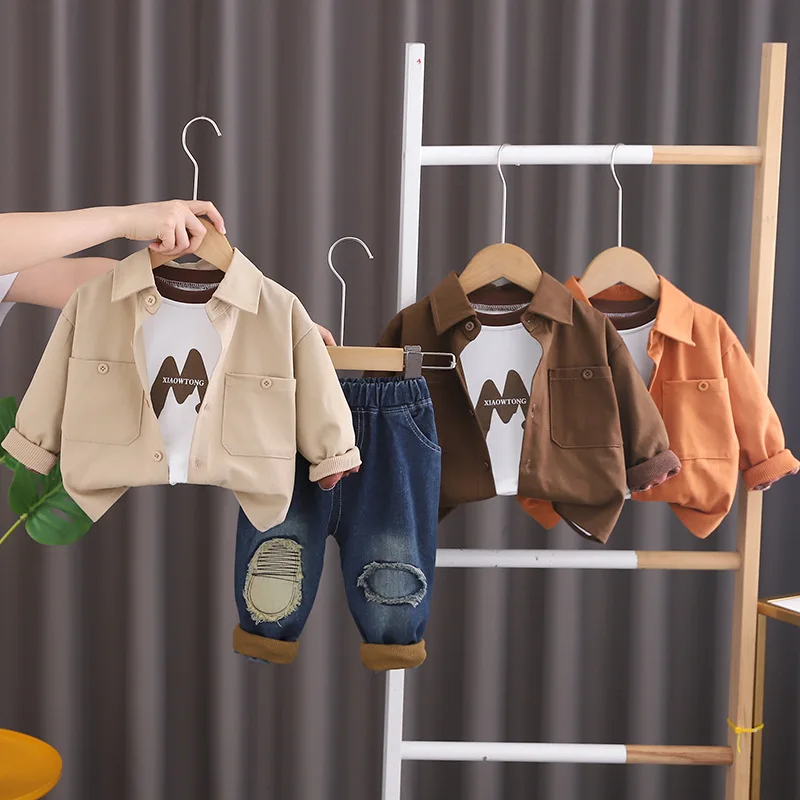 

Boys' Spring and Autumn Set 2025 New Fashionable Children's T-shirt Shirt Jeans 3-Piece Set Kids Outfits