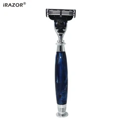 iRAZOR Men 's Manual M3 Mach 3 Safety Razor Wet Beard Body Shaver with New Royal Blue Handle Holder for Husband Father Gift