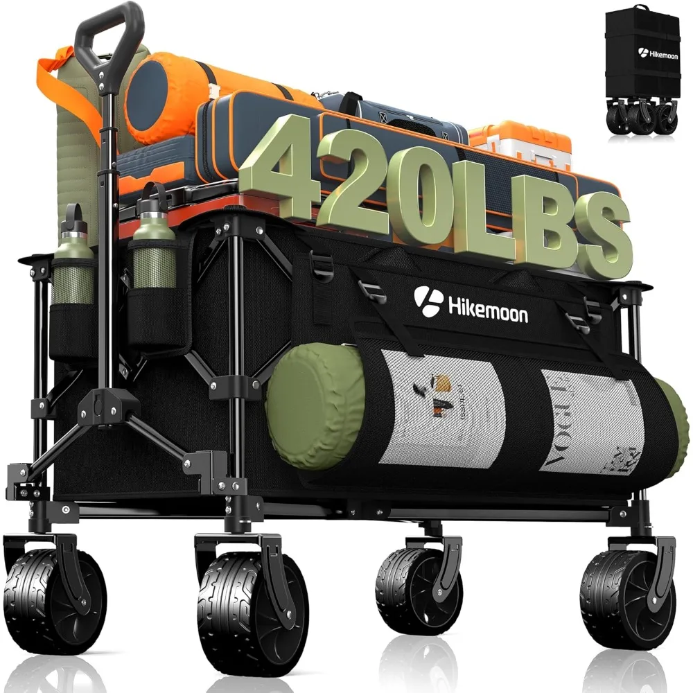 

150L Collapsible Wagons Carts Foldable, 420LBS Heavy Duty Folding Beach Cart with Big All-Terrain Wheels, Portable Utility Wagon