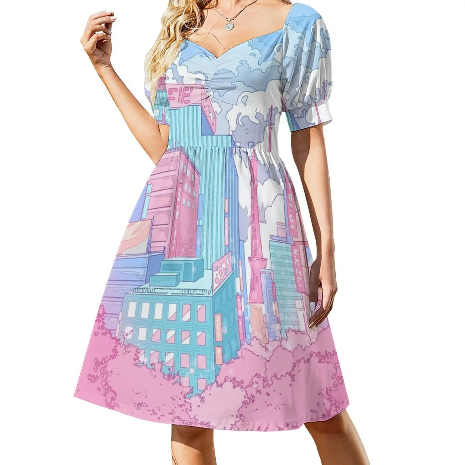 

The pastel Tokyo cityscape Short Sleeved Dress Elegant gown Dress