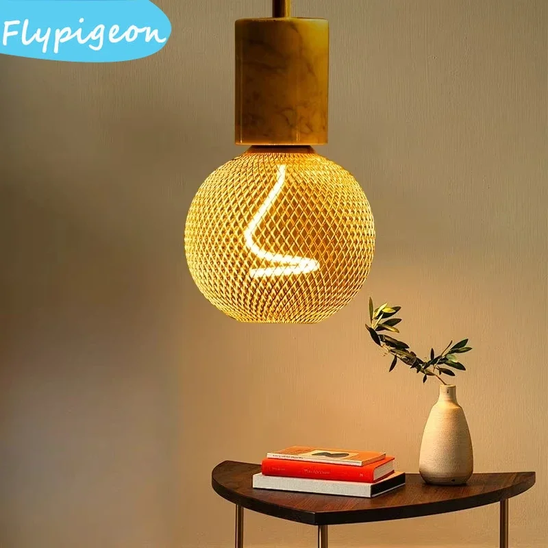 الشمال الفاخرة مصباح ليد لمبة E27 المسمار الحديد المطاوع غطاء شبكي قفص معدني مصباح لبار الطعام إضاءة ديكوريّة المنزل #5