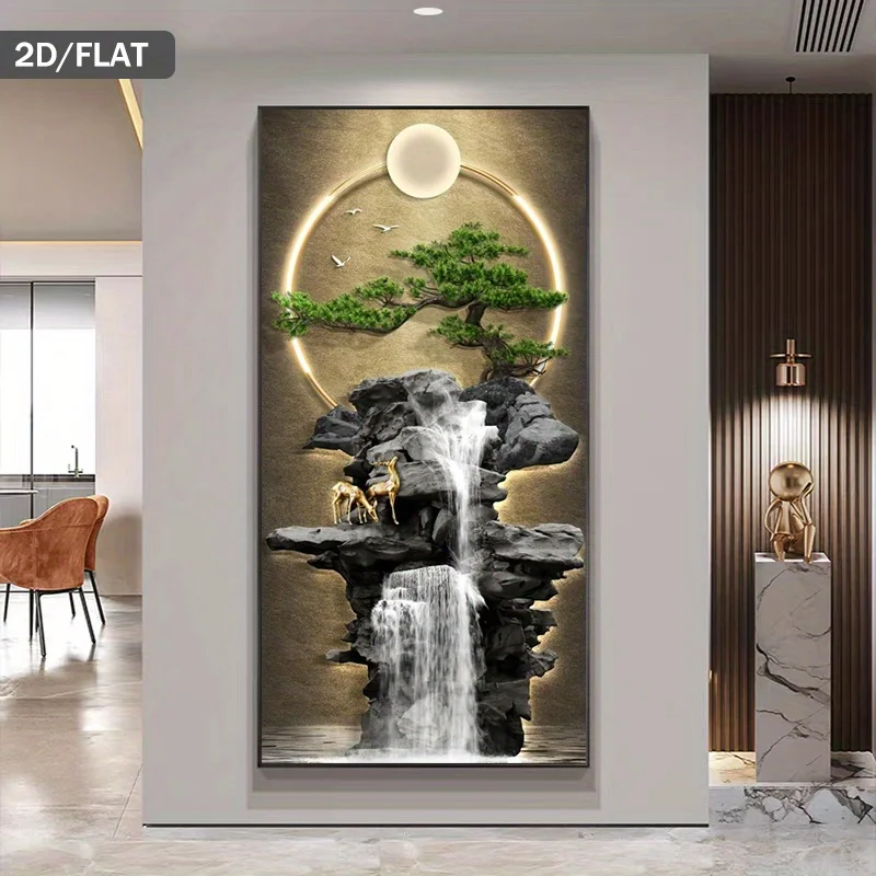 1pc frameless Canvas Painting Large Modern Waterfall Art Canvas Print,Noframed Asian Landscape Wall Art with Deer and Bonsai Tre