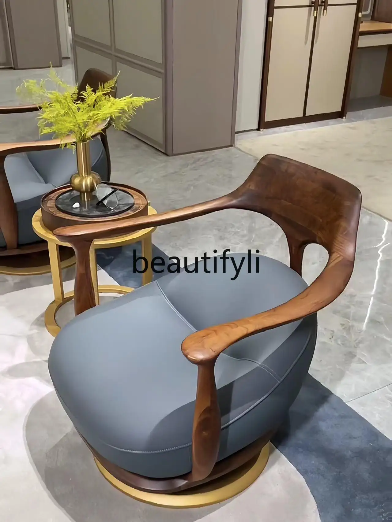 ingot chair black walnut with rotating high-end leather ebony new Chinese single sofa