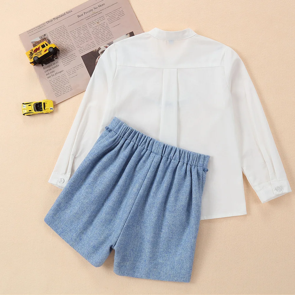 2024 Elegant Baby Boys Birthday Clothes Set Children British Style White Blouse + Blue Pants Infants Top and Bottom Kids Outfit