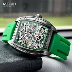 MEGIR-reloj mecánico con correa de silicona verde para hombre, pulsera automática analógica, resistente al agua, con esfera Tonneau