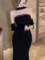 Black Vintage Sexy Strapless Dress Women Casual Korean Split Bodycon Midi Dress Female 2024 Autumn Fashion Casual Party Dresses