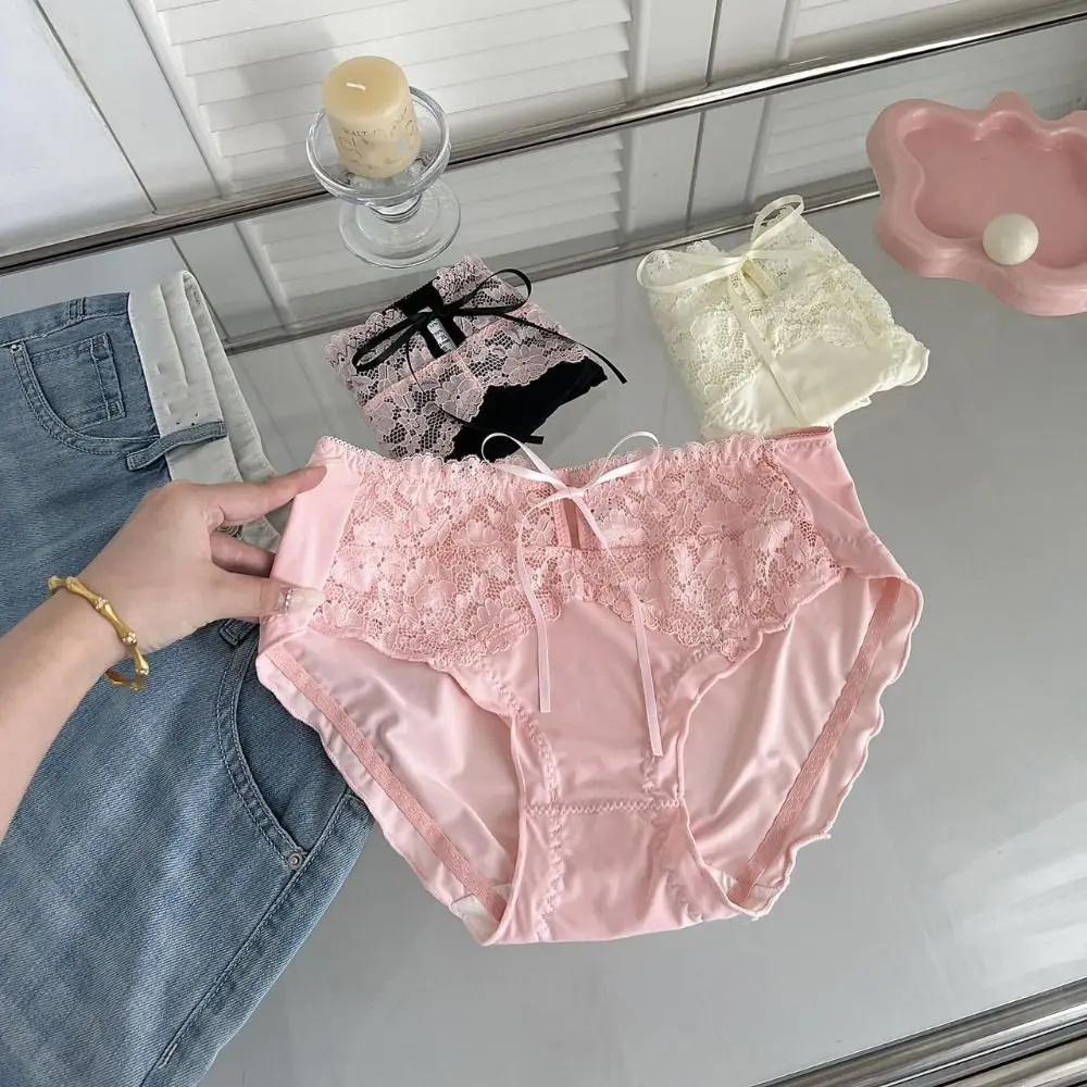 

3Pcs Breathable Mesh Lace Bowknot Panties Ruffle Mid Waist Sweet Briefs Underpants Cotton Crotch Underwear for Women Gifts