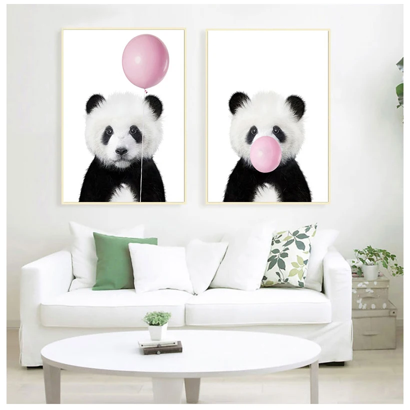 Baby Panda Print Animal With Bubble Gum Poster Nursery Wall Art Picture Decor Cute Pink Balloon Baby Shower Gift Canvas Paint