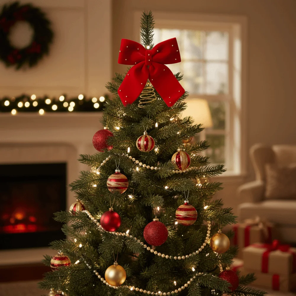 

Extra-Large Christmas Tree Topper Luxurious Wine Red Velvet Ribbon Bow Decorative Star Tree Topper Christmas Tree Decoration