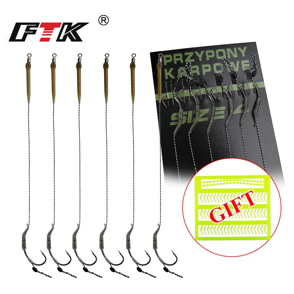 FTK Leader Carp Fishing Hooks Hair Rigs With Line Europe Feeder Group Carp Hook 30-60LB 2/4/6/8# 18.5cm 6-8pcs Accessories