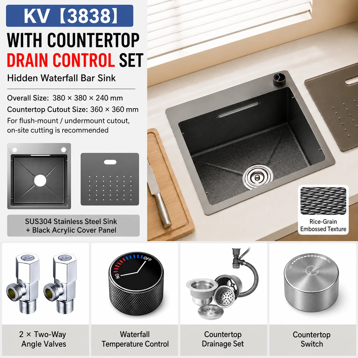 Modern Luxury Waterfall Kitchen Sink SUS304 Stainless Steel Hidden Bar Sink with Temperature Control Faucet Drain Set image 3