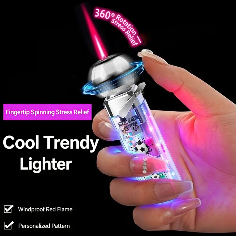 360° Rotating Soccer Lighter, Glowing LED Windproof Red Flame Lighter Refillable Gas Lighter with Spinning Top for Stress Relief