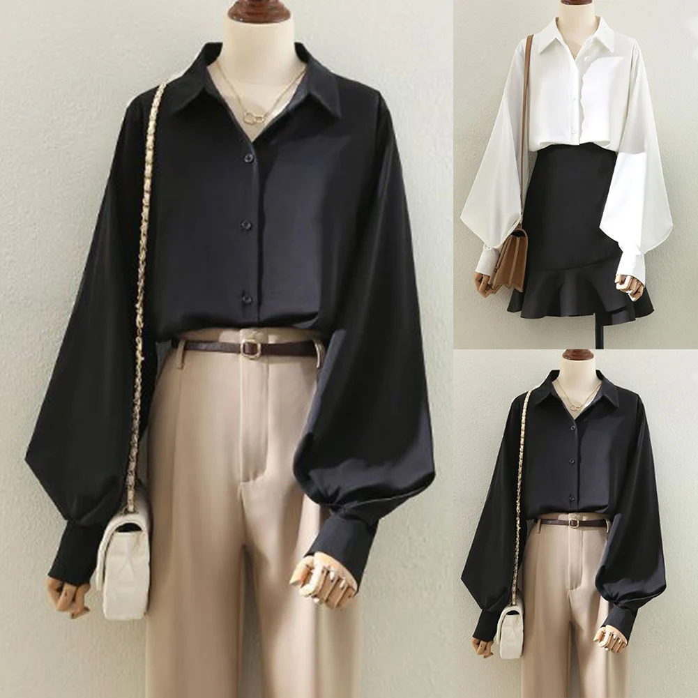 

Casual lapel shirt for women with long sleeves lantern style breathable fabric loose fit suitable for daily and party wear