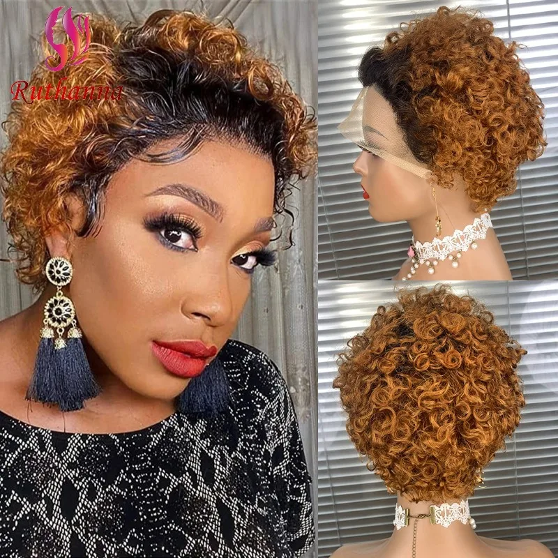 

Afro Kinky Curly 13x1 Lace Wig Pixie Curly Wig Pre-Plucked Hairline Brazilian Virgin Hair Remy Short Curly Wigs 100% Human Hair