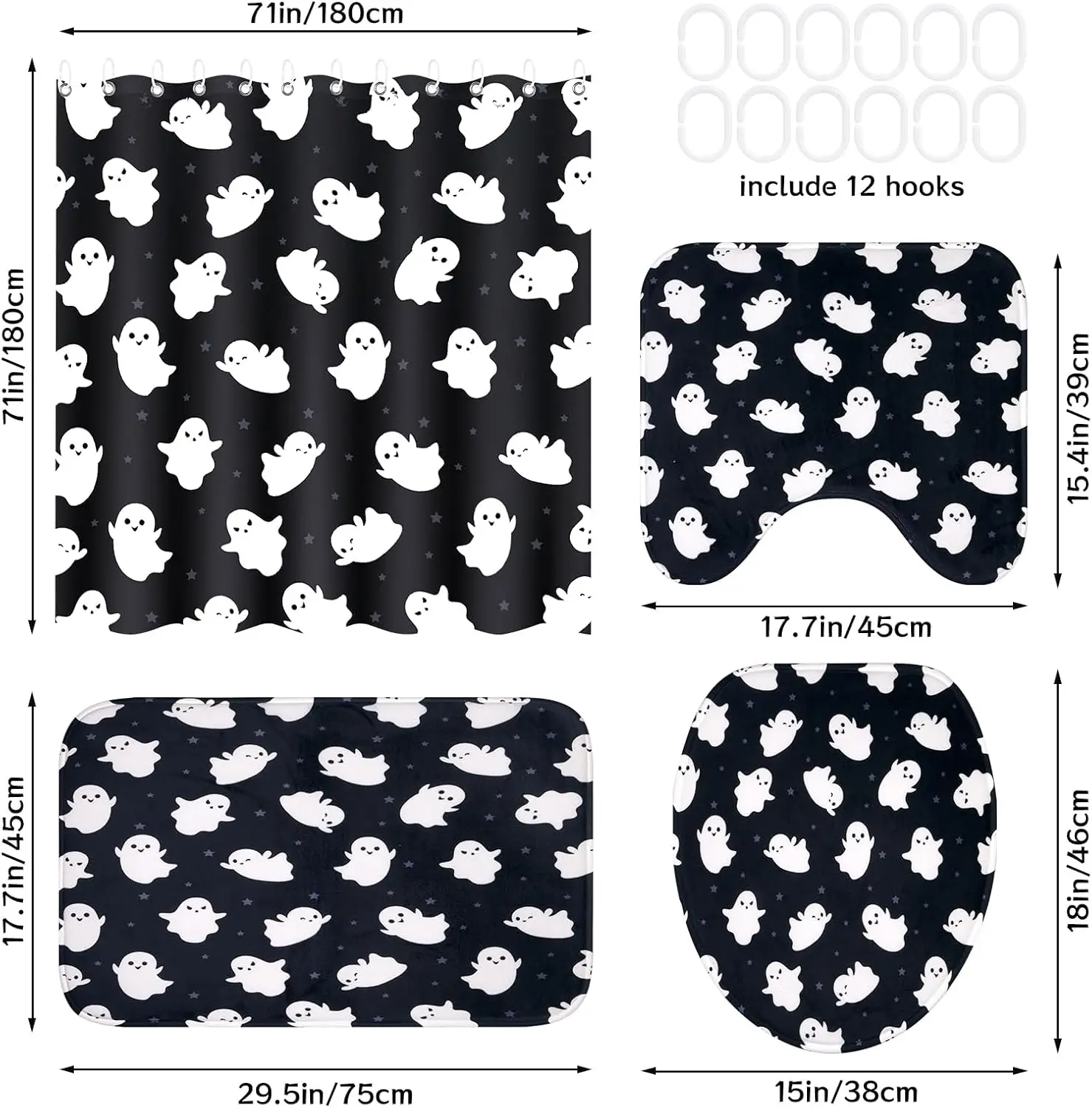 4 Pcs Halloween Shower Curtain Set - Black Ghost Shower Curtains Bathroom Decor with Rugs, Toilet Mat & Toilet Seat Covers Mat
