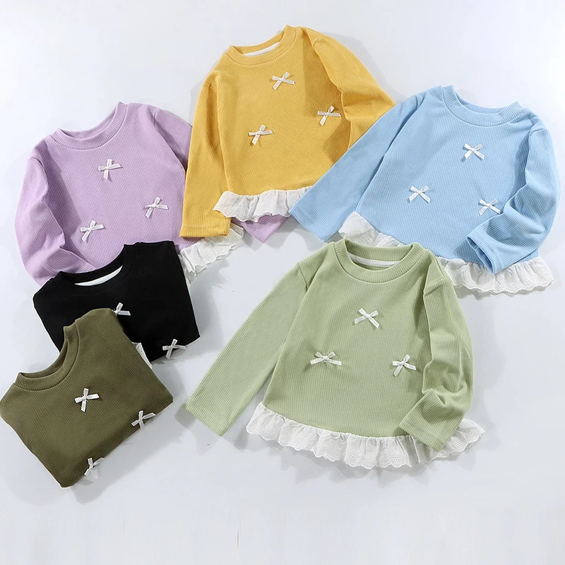 1pcs Children Casual Tee Girl Bow Lace Long Sleeve Tops Round-Neck Tshirt Spring Autumn Korean Version Soft Comfor Basic T-shirt