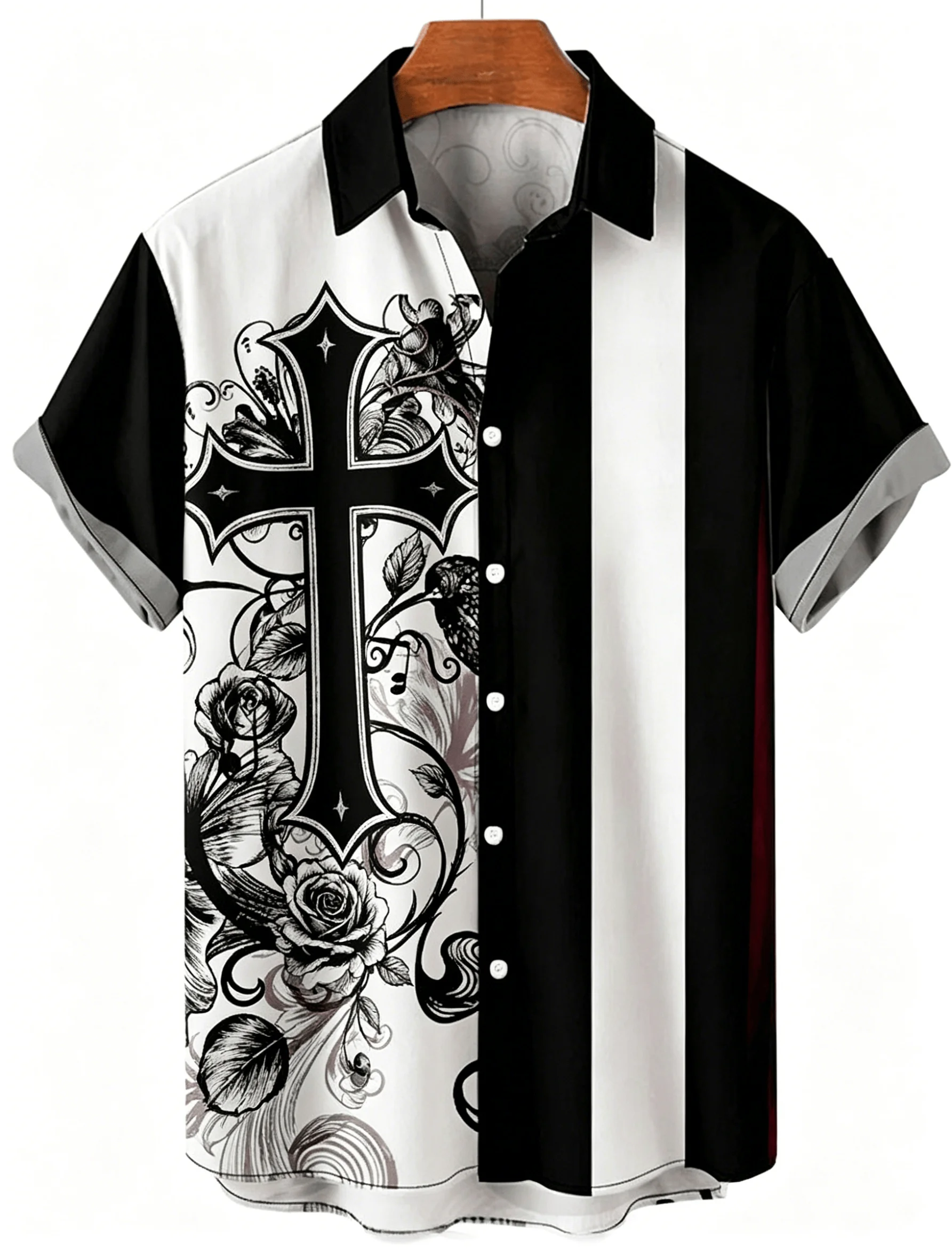 

Men's Gothic Cross & Rose Print Short Sleeve Shirt, Black White Color Block, Casual Summer Streetwear