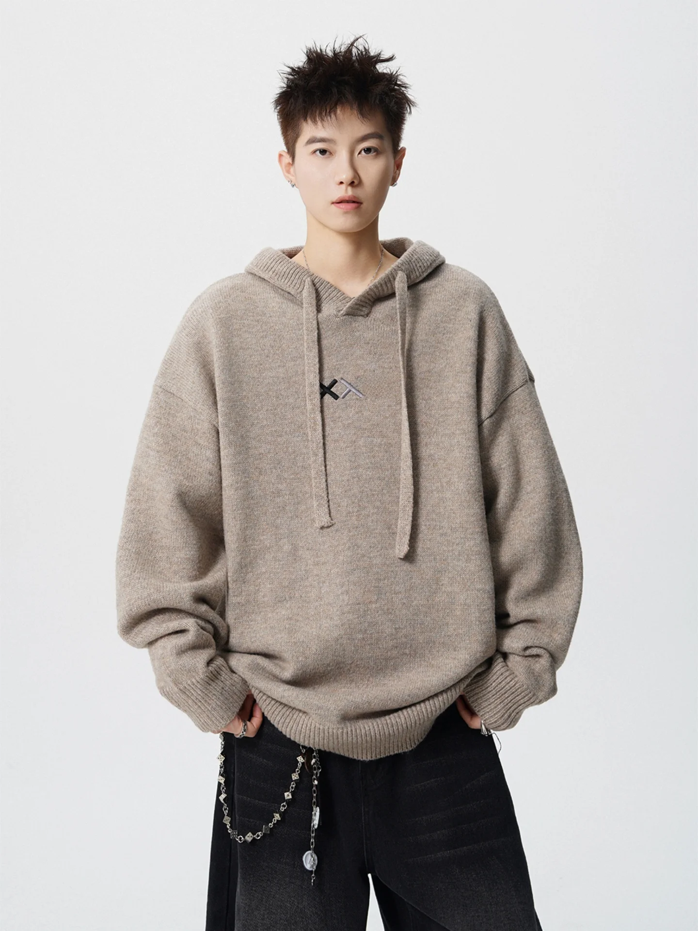 

Мужская вязаная толстовка свободного кроя из мягкой комфортной ткани с вышивкой, повседневная, с длинным рукавом, для осеннего сезона