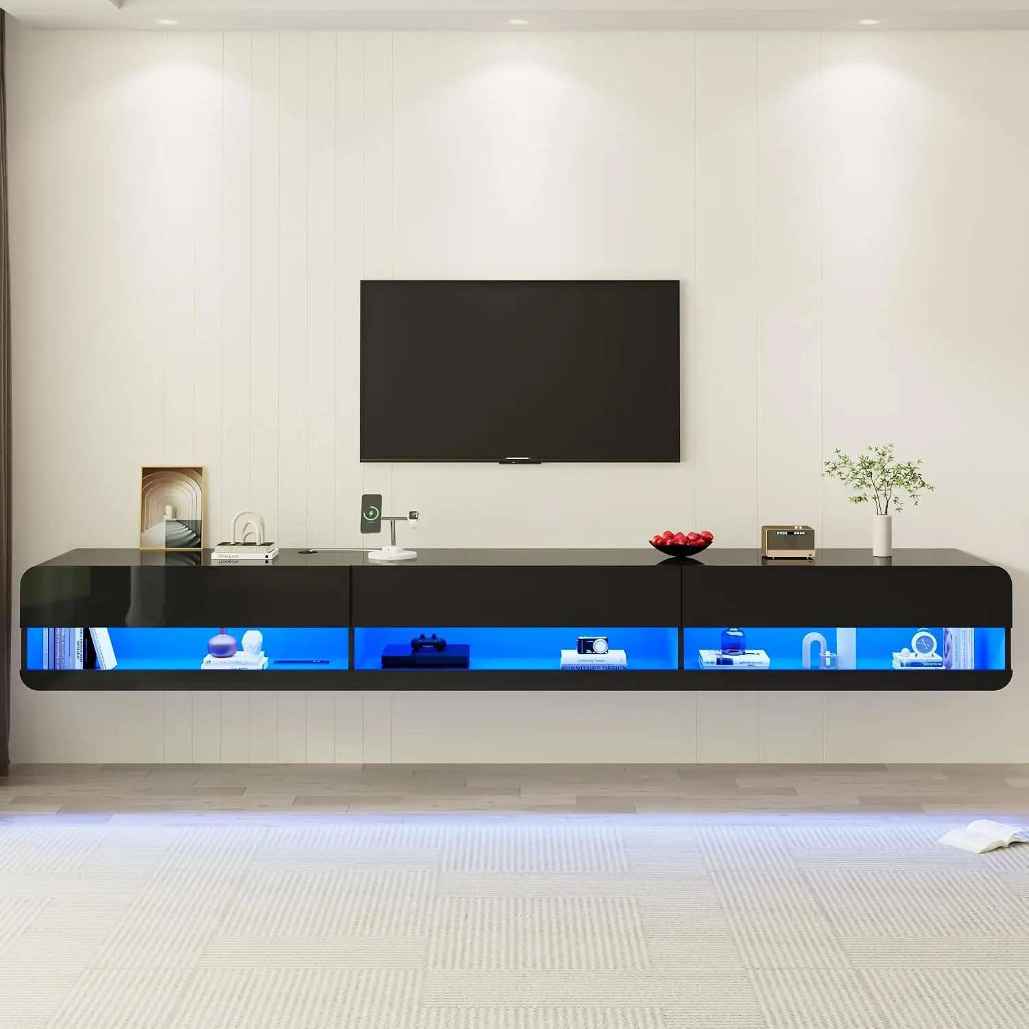 Floating LED TV Stand for TVs Up to 100 inch, 94.5 inch Modern Entertainment Center with Led Lights & Power Outlet, Wall Mounted
