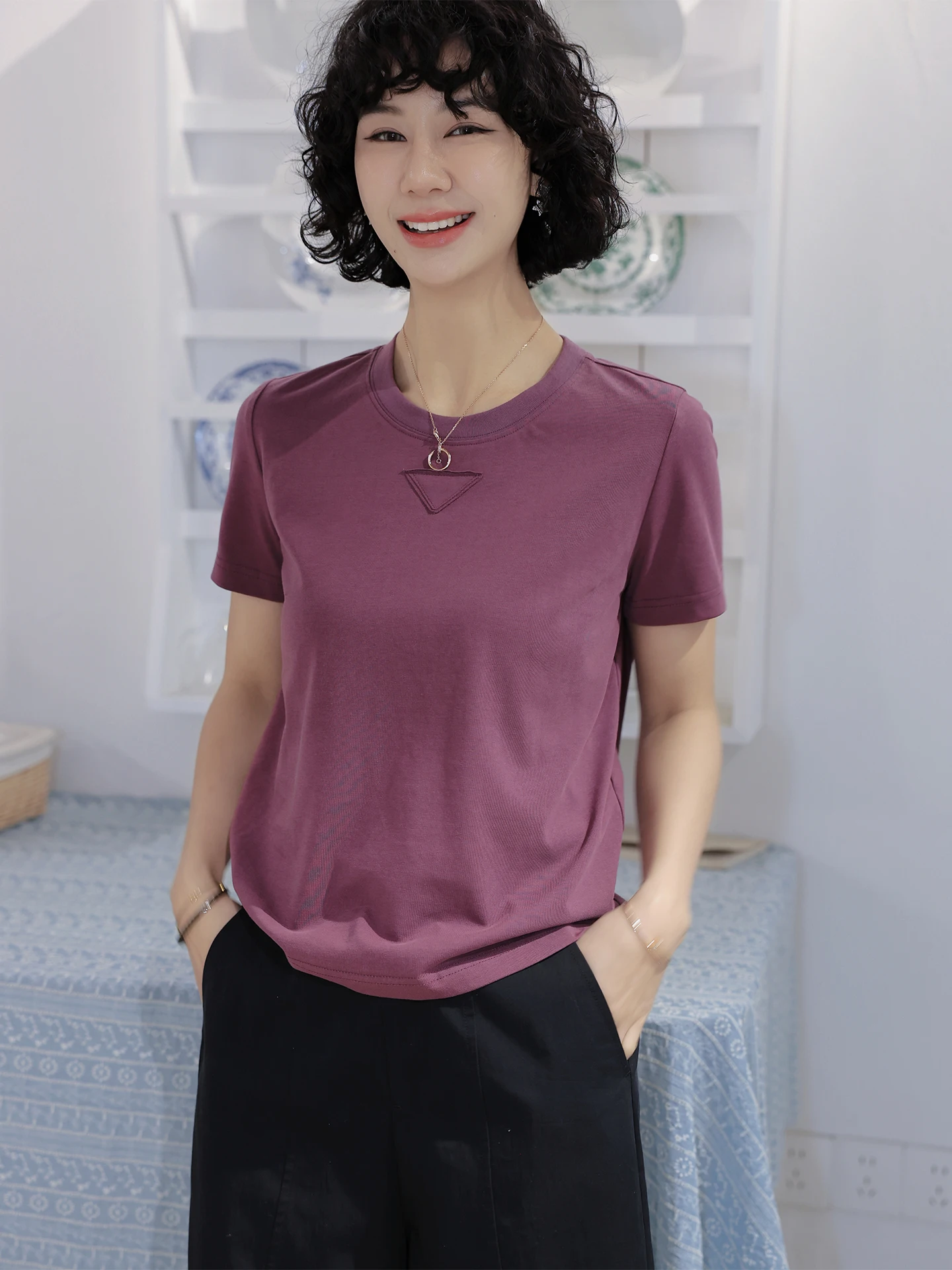 

TT Classic round Neck Short Sleeve T-Shirt Snowflake Cotton Women's Spring Simple Style Casual Comfortable Breathable