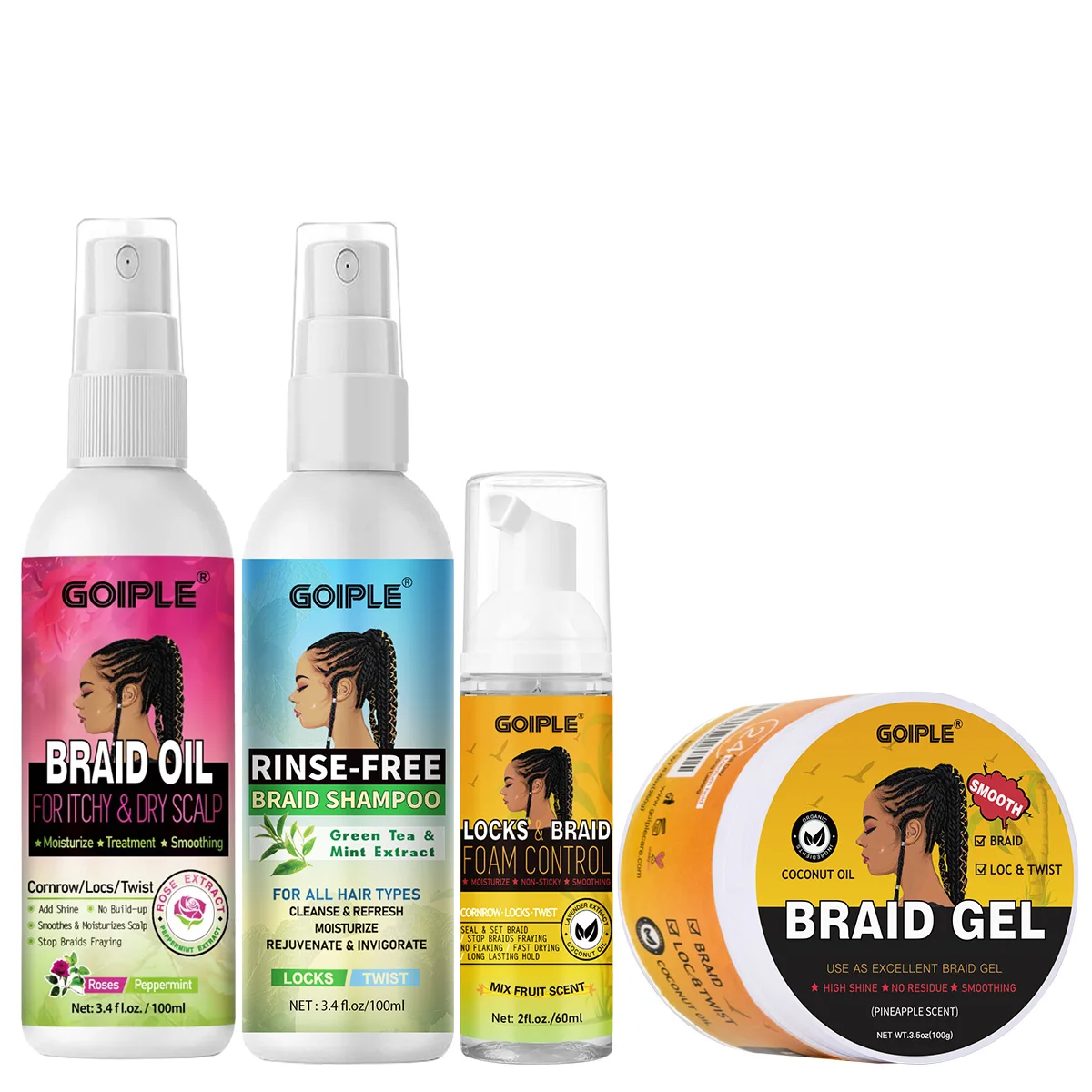 

GOIPLE Braid Moisturizing & Nourishing Oil, Rinse-free Braids Shampoo, Cleansing Shiny Foaming Mousse, Braiding Styling Gel 4pcs
