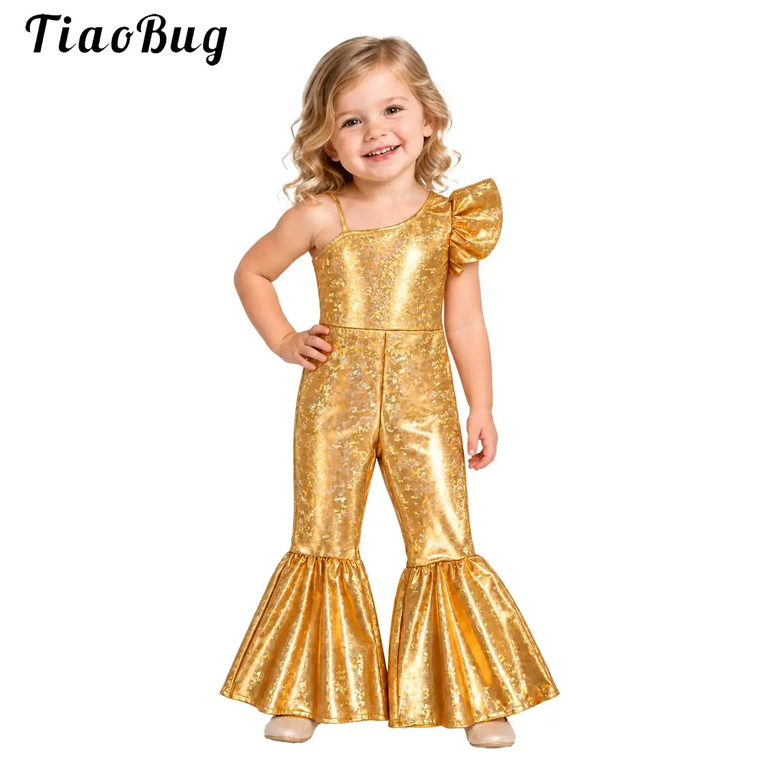 Baby Girls Metallic Shiny Romper Kids Disco Party Birthday Costume One Shoulder Sleeve Bell-bottom Jazz Dance Flared Jumpsuit