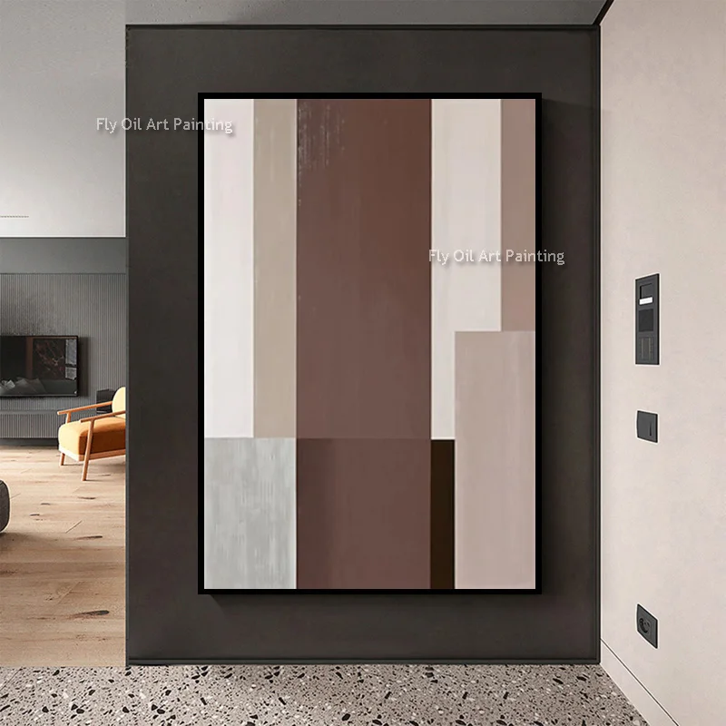 تصميم عصري كبير باللون البني والبيج الفني مصنوع يدويًا بخط أسود أصلي جديد وبيج لوحة زيتية بسيطة على قماش ديكور للغرفة