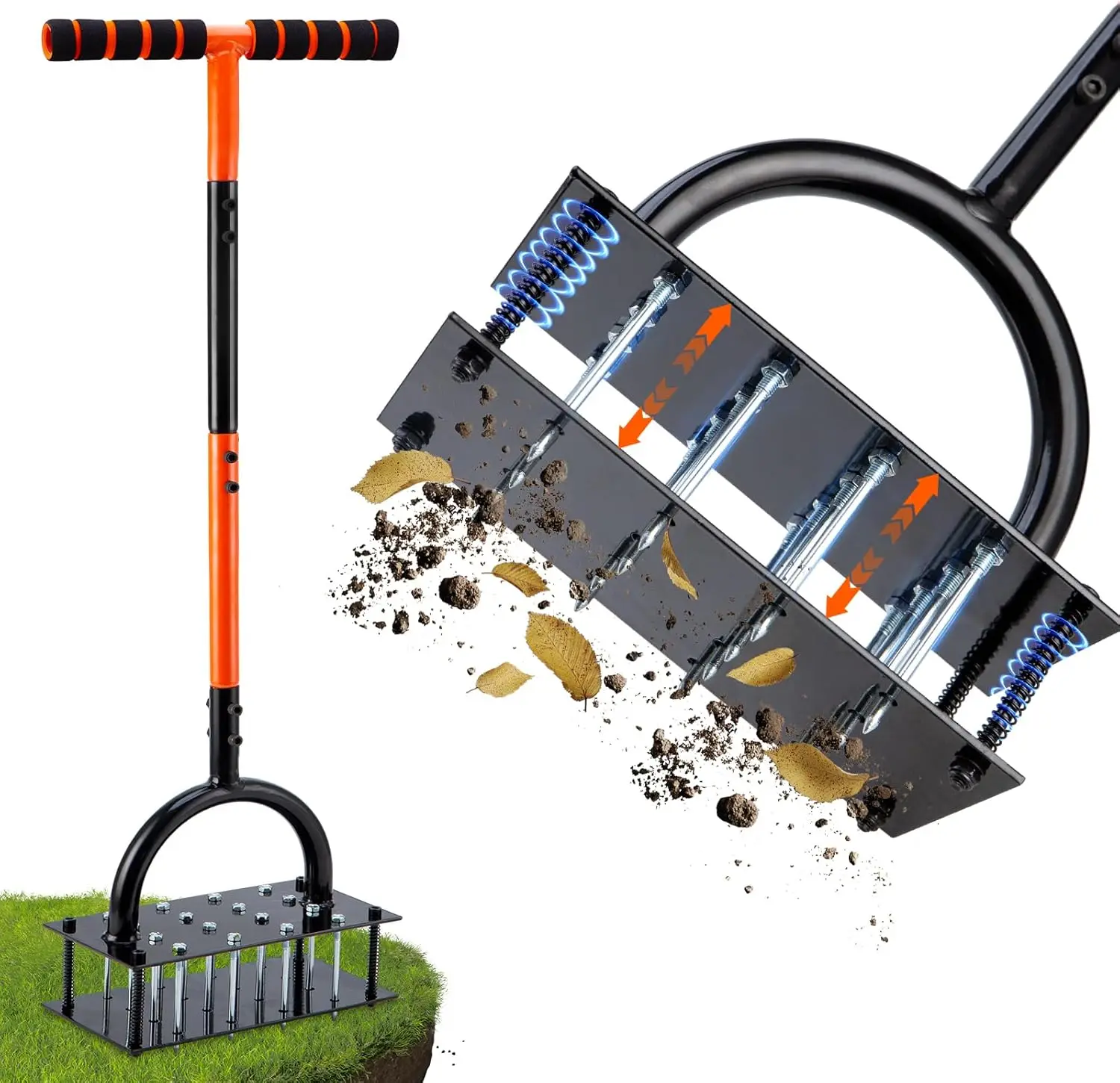 

Manual Lawn Aerator with 16 Iron Spikes, Ergonomic T-Handle for Soil Loosening and Yard Aeration, Black-Orange