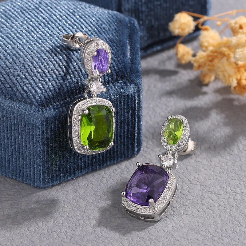 

Креативные зеленые асимметричные серьги с фиолетовым цирконием, стильные ювелирные изделия с серебряным покрытием 925, серьги для вечеринок, женские элегантные ювелирные изделия
