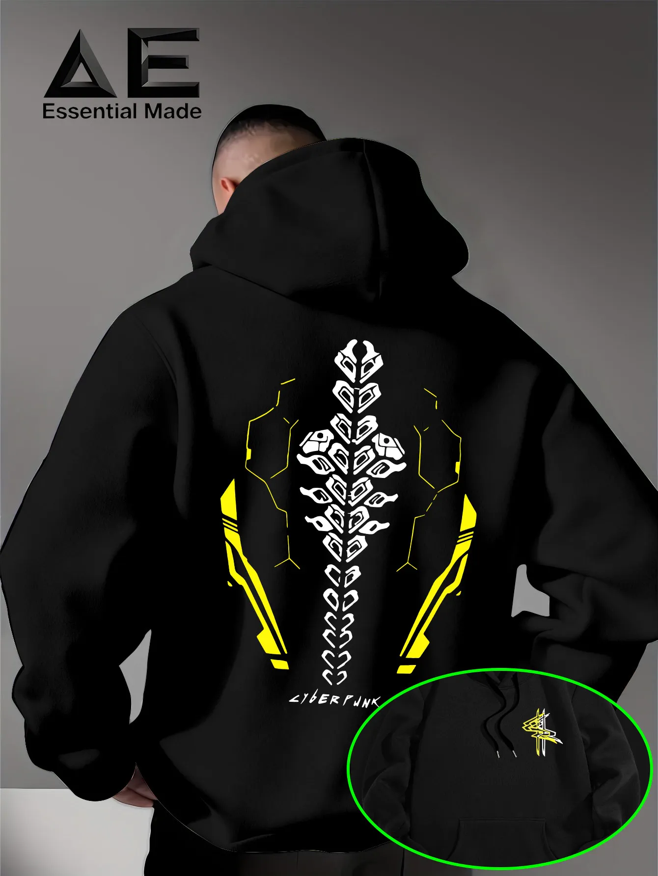 Autumn/Winter Men's Fashion Hooded Sweatshirt with Cyberpunk Mechanical Spine Print for Everyday Wear Commute and Fitness Hooded