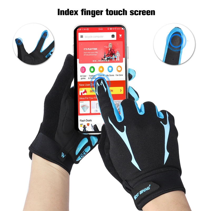 WEST BIKING Breathable Cycling Gloves GEL Silicone Liquid Palm Non-slip Sports Full Finger MTB Enduro Touch Screen Gloves Summer