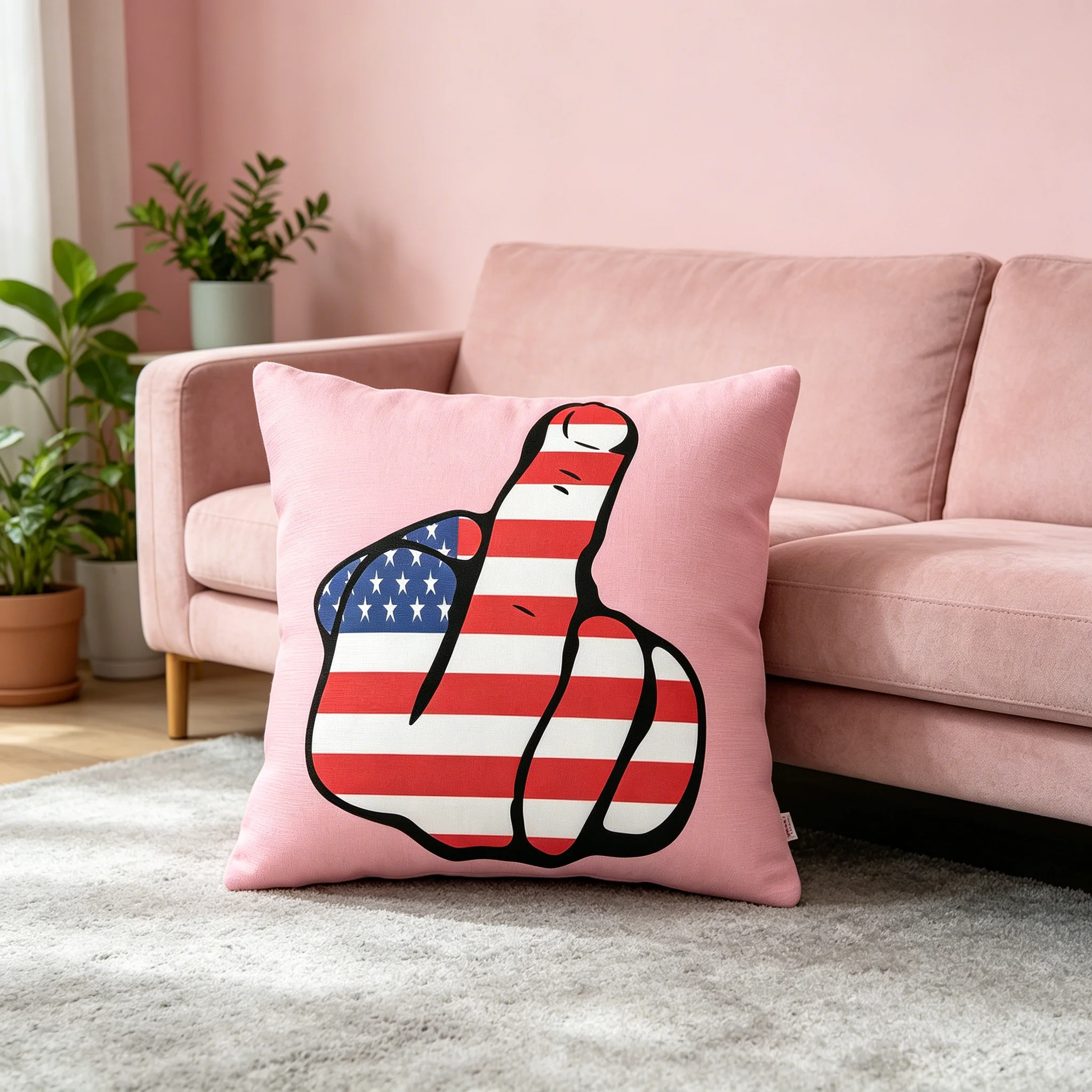 Funny American Flag Middle Finger Throw Pillow Cover Pink Cushion Case for Sofa Living Room