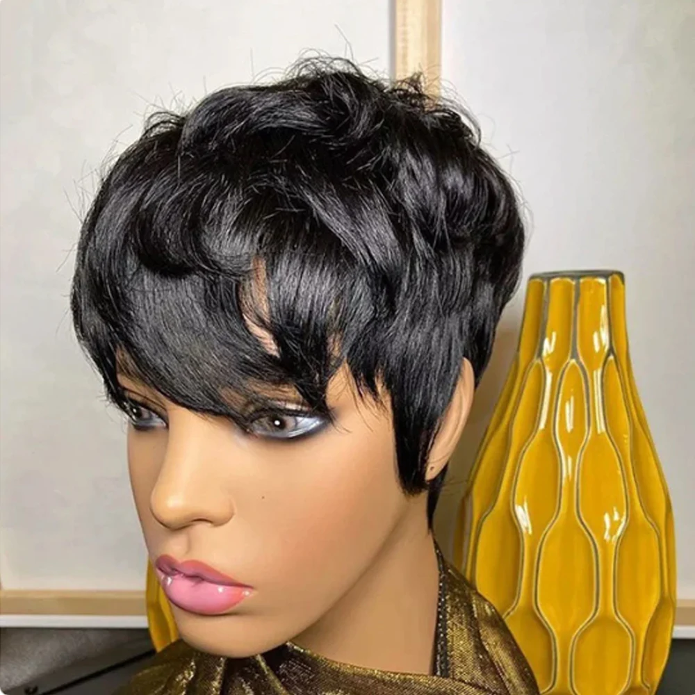 Short Straight Bob Wig Pixie Cut Wig Human Hair For Black Women Machine Made Wigs With Bangs Human Hair Cheap Wig Black