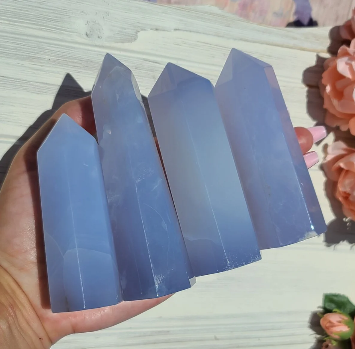 Natural Blue Chalcedony Tower Obelisk Point Healing Home Decor