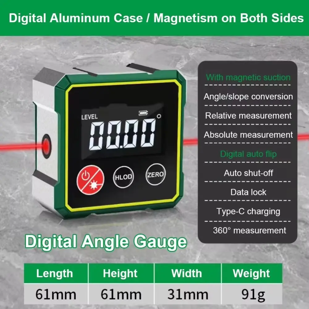 Multifunctional Laser Inclinometer Rechargeable Magnetic Digital Inclinometer 360-degree Measurement High Accuracy